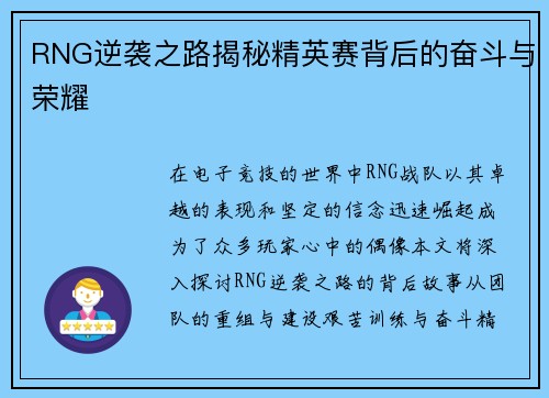 RNG逆袭之路揭秘精英赛背后的奋斗与荣耀